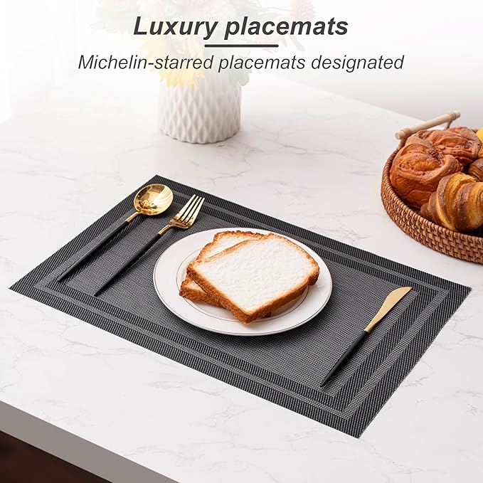 CADONO Placemats Set of 6 Washable Indoor/Outdoor Vinyl Place Mats for Dining Table Durable Non-Slip Heat Resistant PVC Weave Table Mats（Simple Style-Black）