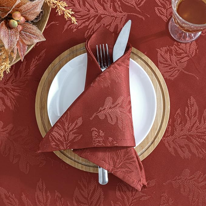 Elrene Home Fashions Elegant Woven Leaves Jacquard Damask Tablecloth, 52" x 70", Oblong, Spice Red