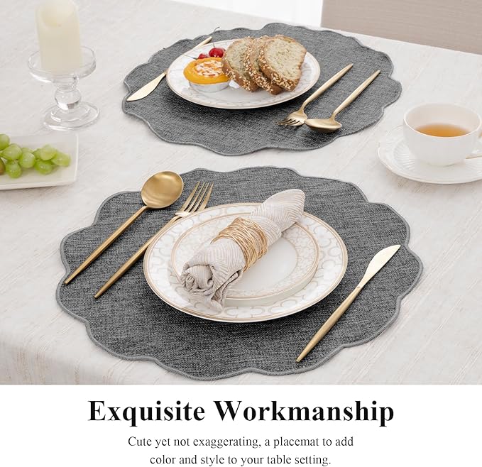 SHACOS Scalloped Round Placemats Set of 6 Polyester Linen Blend 15 inch Washable Non Slip Place Mats Easy Clean Heat Resistant Table Mats for Kitchen Dining Table Decor, Grey