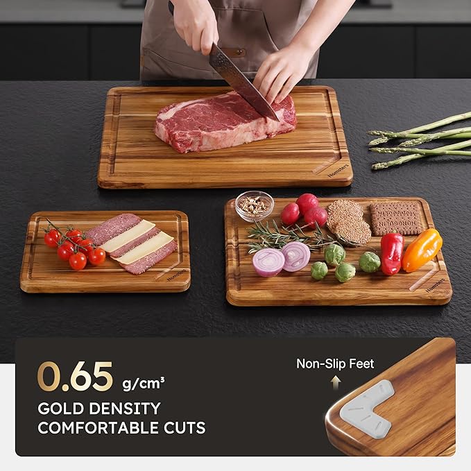 3 Pack Teak Wood Cutting Board Set for Kitchen High-End Non Toxic Non Slip Over Sink Solid Thick Wood Haus Chopping Board Extra Large Big Small Best Kitchen Essential House Warming Hostess Host Gift