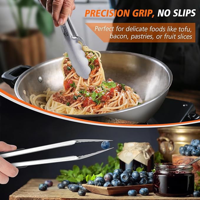 Hotec Stainless Steel Kitchen Tongs, Set of 2-9", Locking Metal Food Tongs for Cooking, Serving, BBQ, Grill Non-Slip Grip