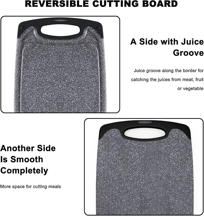 Plastic Cutting Board, 3 Pieces Dishwasher Safe Cutting Boards with Juice Grooves, Easy Grip Handle, Non-Slip, with Grinding Area for Grinding Garlic and Ginger（Dark Grey, XL）