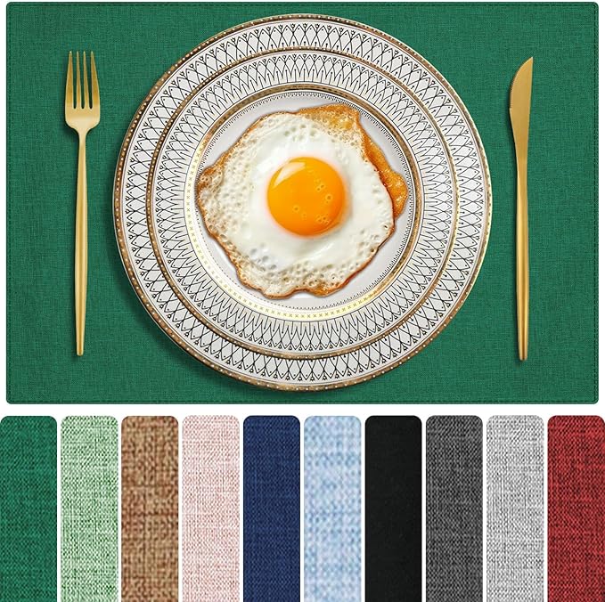 Cloth Placemats Set of 6, Cotton Linen Blend Machine Washable Double Layered Place Mats, Heat Resistant Placemats Wrinkle Free Thick Fabric Dining Table Mats for Indoors & Outdoors (Green, 6)