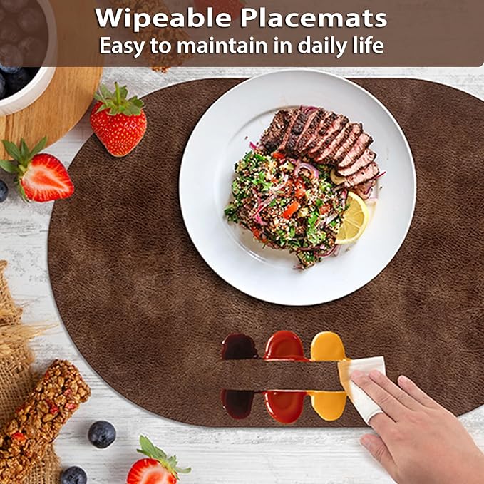 ADRIMER Placemats, Heat Resistant Oval Placemats Set of 8 Washable 12 x 17 Inch, Waterproof Table Mats, Wipeable Pu Place Mats for Kitchen, Dining Room, Brown