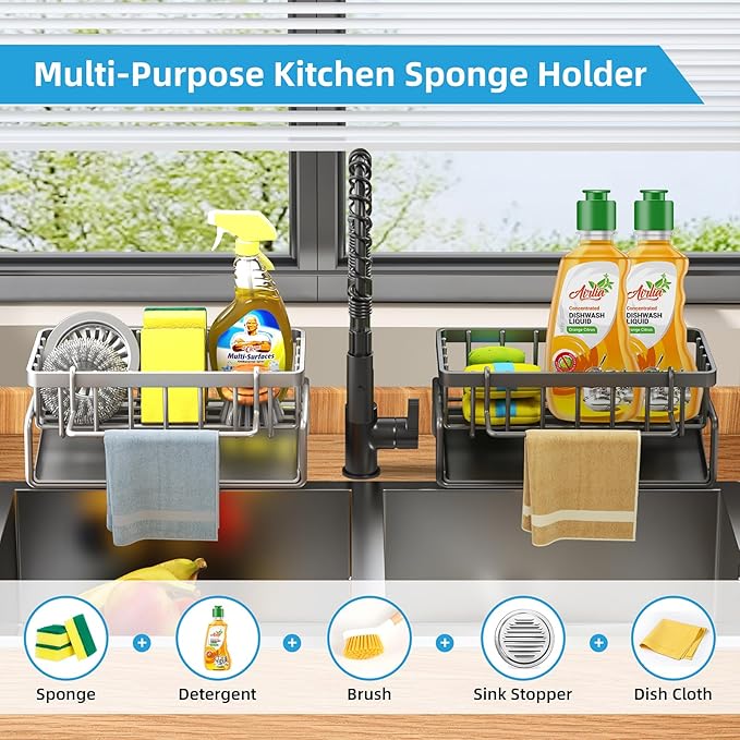 Sponge Holder for Kitchen Sink, Self-Drainage Kitchen Sink Caddy, Rustproof Steel Dish Sponge Organizer with Removable Dishcloth Rack, Soap Dispenser Brush Holder Storage for Bathroom, Black