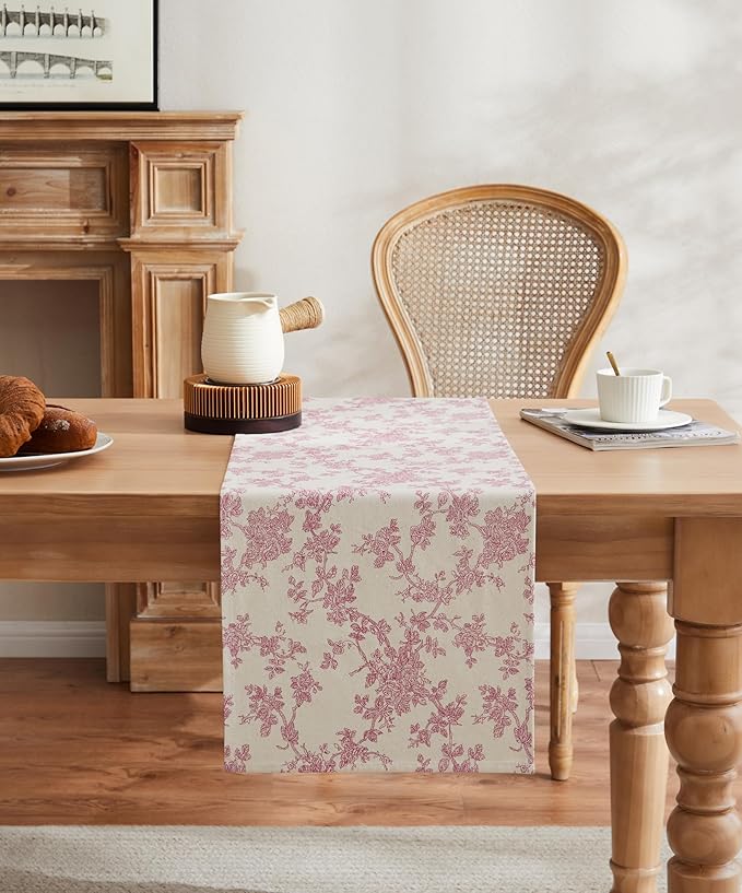 100% Cotton French Pastoral Table Runners, 13x72 Inch Pink Farmhouse Table Runners 72 Inches Long, Vintage Flowers Print Home Decors