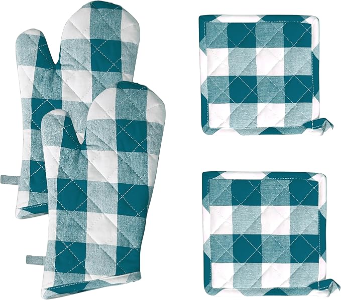 Native Fab Buffalo Plaid Check Oven Mitts and Pot Holders Set of 4, 100% Cotton Heat Resistant Kitchen Gloves, 2 Oven Mitts (7x13), 2 Pot Holders (8x8) for Cooking & Baking, Teal Green White