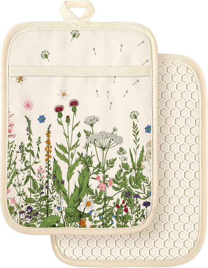 Slohif Silcone Flower Pot Holders for Kitchen - 100% Cotton Beige Cute Oven Potholders with Pockets, Heat Resistant Square Thick Hot Pads, House New Home Baking Baker Gifts,2pack