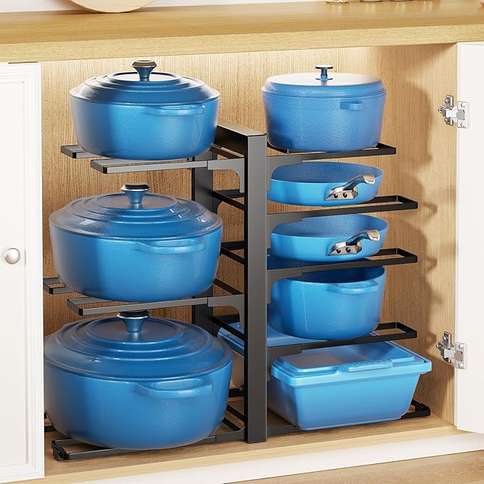 LAMU Pots and Pans Organizer Organizer under Cabinet 15.83" Height, 8 Adjustable Tier Heavy Duty 120LB Pot and Pan Organizer Rack inside Cabinet for Cast-iron Pan, Heavy Skillets Griddle, Shallow Pot