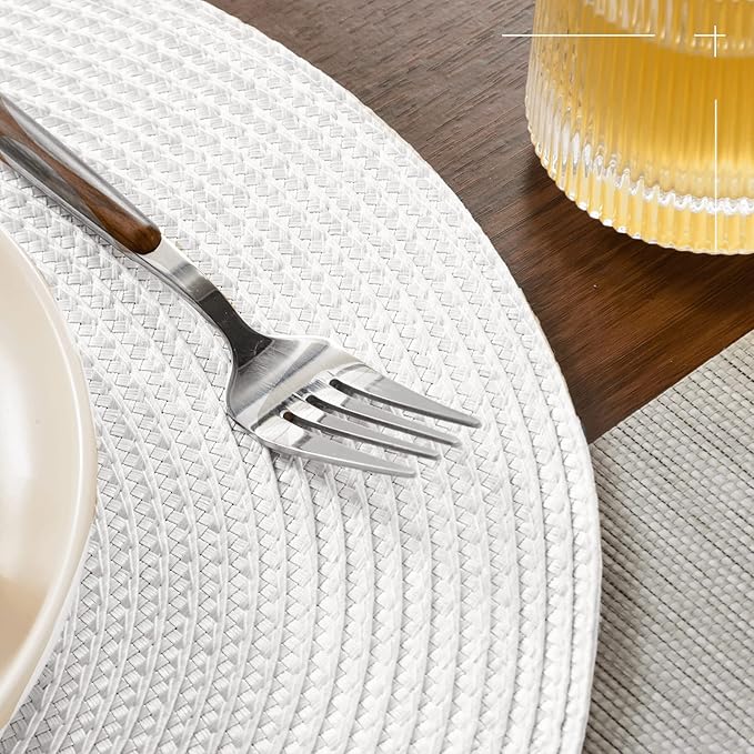 FunWheat Round Braided Placemats Set of 4 Table Mats for Dining Tables Woven Washable Non-Slip Place mats 15inch (White, 4pcs)