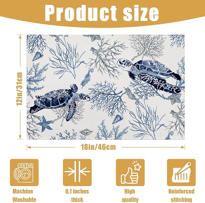 Watercolor Turtle Placemats Set of 6, Nautical Coastal Coral Shell Linen Place Mat Washable Stain Resistant Table Mats for Farmhouse Kitchen Decor 12x18 Inch