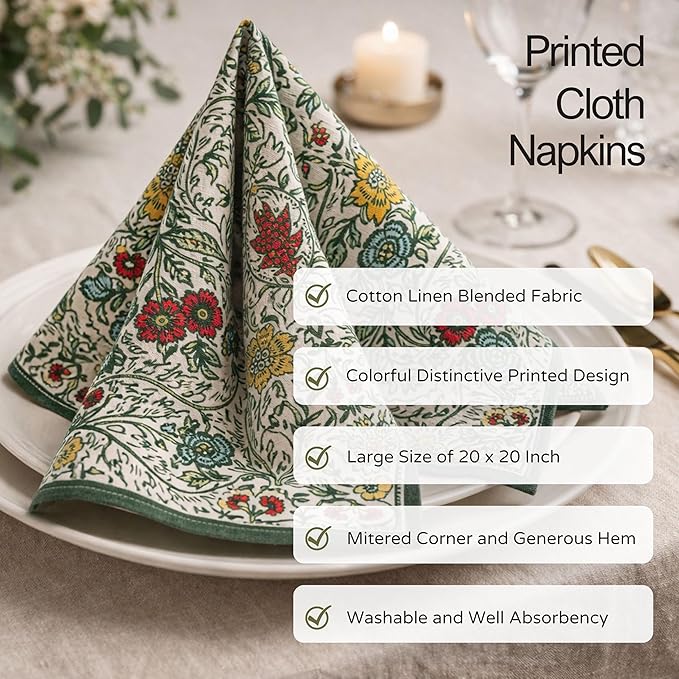 FINGERCRAFT Cloth Napkins, Set of 4 Cotton Linen Blend Printed Dinner Napkins Cloth Mitered Corner Perfect for Parties Dinners Weddings Cocktail Christmas Easter 20x20 Botanical Garden