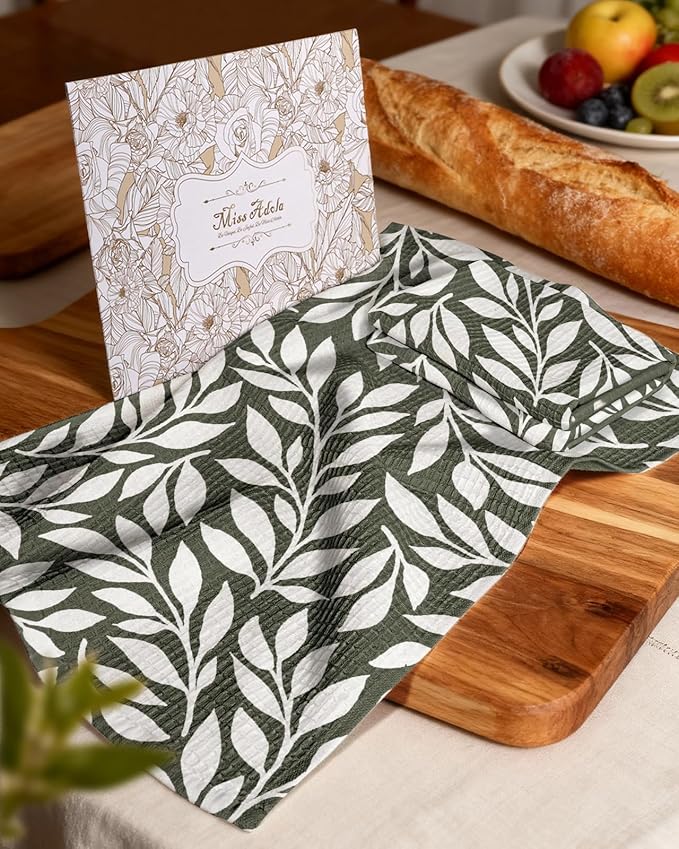 Miss Adola Cotton Waffle Kitchen Towels – Cute 370 GSM 16x25 Inch Terry Cloth Waffle Decorative Dishcloth for Kitchen Set of 2 with Hanging Loop Absorbent Hand Tea Towel for Home Design, Leaf