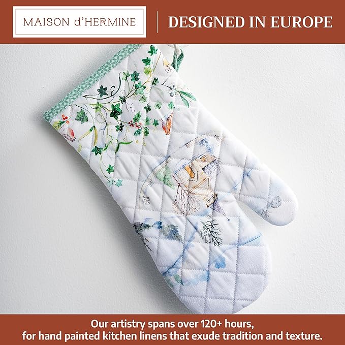 Maison d' Hermine Oven Gloves 100% Cotton Oven Mitt 7" x 13" with Loop Heat Resistant BBQ Cooking Gloves for Thanksgiving Christmas Decorations Baking Handling Hot Pans (Pack of 1, Snowy World)