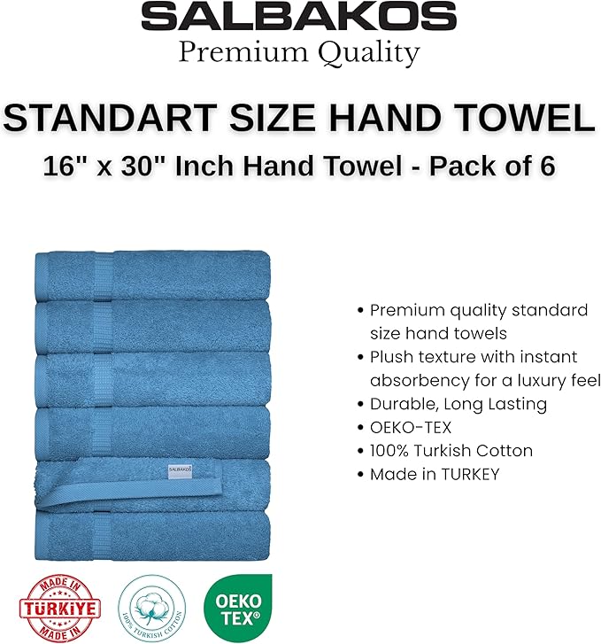 SALBAKOS 100% Turkish Cotton Hand Towels Set 6-Piece Blue 16x30 in | Luxury Premium Quality Thick Super Absorbent Turkish Hand Towel for Bathroom & Kitchen | Made in Turkey (Blue, 6 Hand Towels)