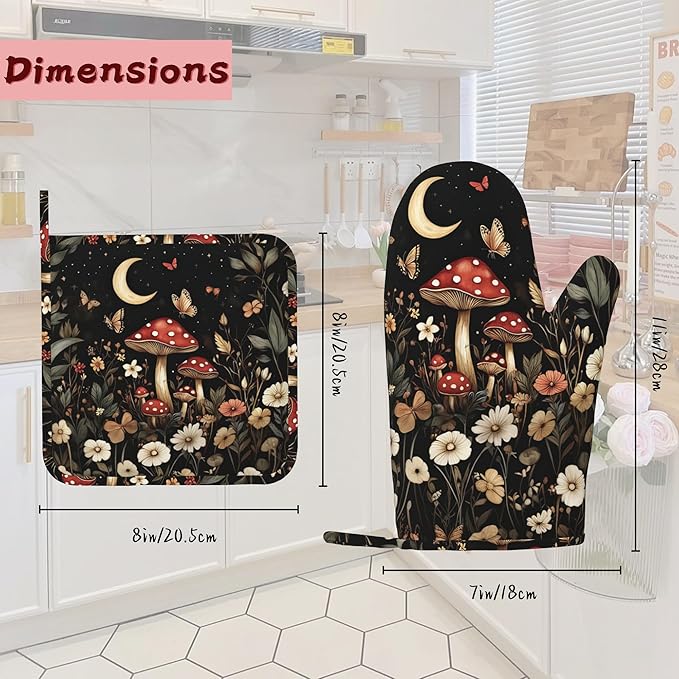 Red Mushroom Butterfly Heat-Resistant Silicone Oven Mitts and Pot Holders,Moon Plant Flowers Long Oven Gloves with Non-Slip Grip for Cooking, Baking, Grilling,BBQ