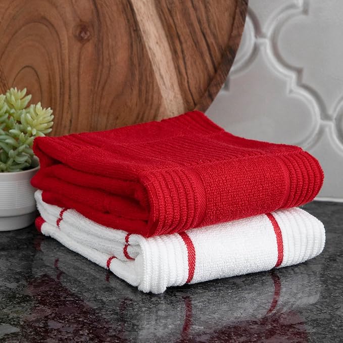 T-Fal Solid & Checked Parquet Kitchen Towels: Highly Absorbent, Super Soft Long Lasting - 100% Cotton, 16"x26" Dish Towels for Cleaning & Drying Dishes, Pans, Glassware, or Countertops, (2-Pack), Red