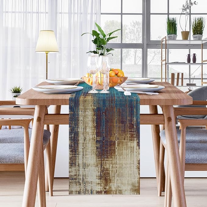 Emvency Vintage Farmhouse Table Runner, Abstract Teal and Gold Weathered Textured for Kitchen Coffee Table Family Dinners Holiday Parties Wedding Events Decor(13x72 inch)