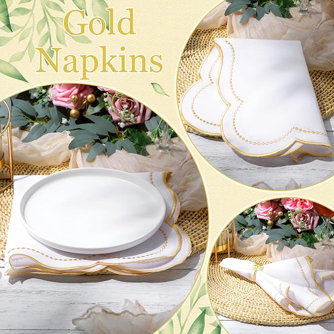Hahafelt 6 Set Cloth Napkins 18x18inches Scalloped Embroidery Cloth Napkins Washable Polyester Table Dinner for Hotel Restaurant Weddings Events Parties (Gold)