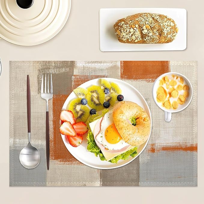 Orange and Grey Placemats Set of 6 Linen Washable, Heat-Resistant 12x18 Inch Abstract Art PaintingTable Place Mats for Kitchen Dining for Home Party Holidays