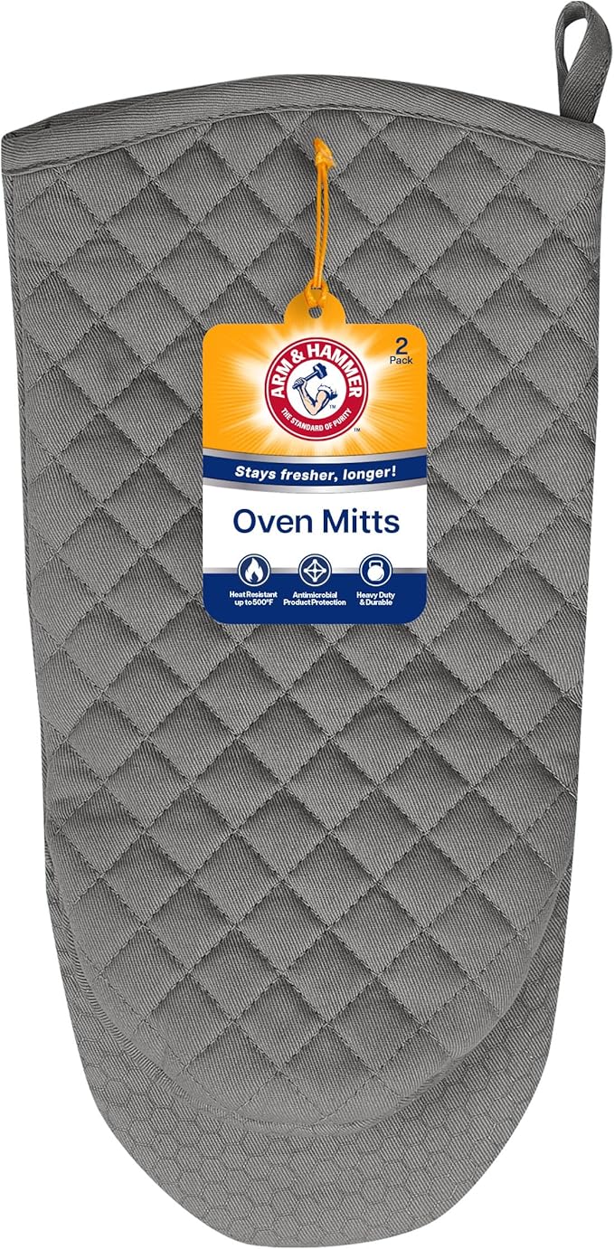 Arm & Hammer Quilted Oven Mitts, Heat Resistant, Non-Slip Silicone Grip, 2 Pack, Grey