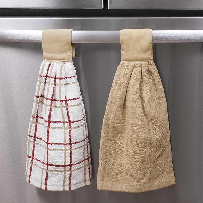 Ritz Premium 100% Cotton Solid and Multi Check Kitchen Tie Towel Absorbent, Super Soft, and Fast Drying Hang Towel, Set of Three, Biscotti