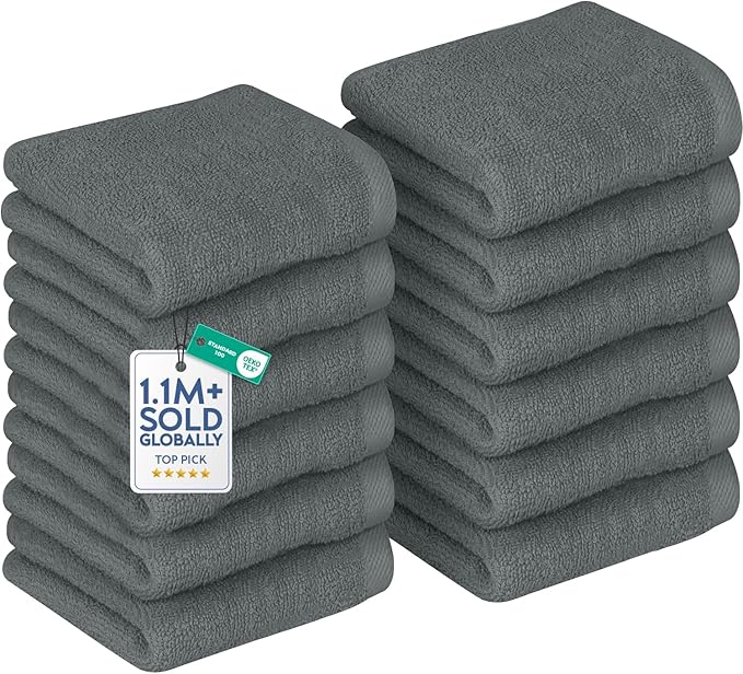DAN RIVER 12 Pack Wash Cloths for Showering [12x12] - 100% Cotton Washcloths Premium Quality Flannel Face Cloths for Bathroom, Highly Absorbent and Soft Feel Wash Clothes, Grey