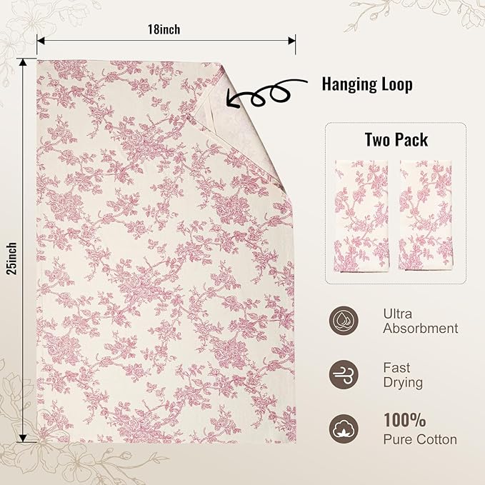 100% Cotton French Pastoral Kitchen Towels Set of 2, Decorative Flour Sack Tea Towels with Hanging Loop 18x25 Inch Absorbent Dish Cloths Farmhouse Home Decor, Pink