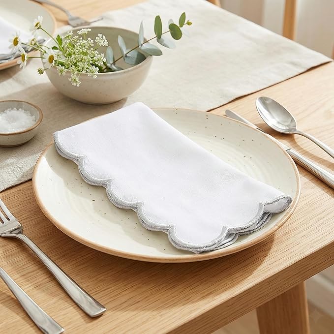 PurpleEssences Scalloped Embroidery Cloth Napkins - Spring Easter Summer - Table Decor - 100% Cotton - Set of 4-18x18 inch - White - Edges - Silver
