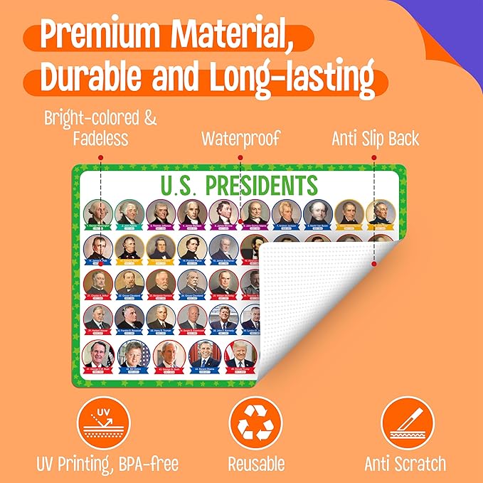 6 Pack Placemats for Kids, Non-Slip Washable, Reusable Universe, Periodic Table, US President, Human Body, Map of USA & World Educational Placemats for Home, Kindergarten, Classroom, Nursery