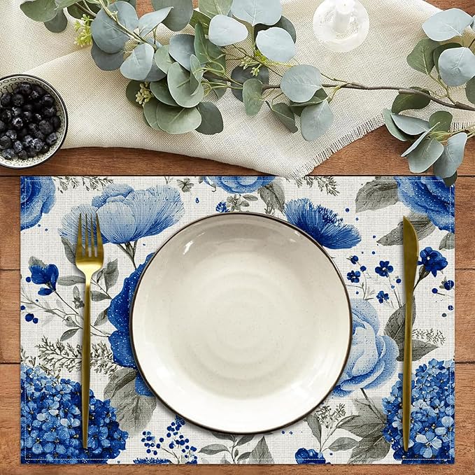Blue Flowers Placemats Set of 6,12 x 18 Inch Table Mats Washable Heat Resistant Linen Fabric Rectangle Place Mat for Party Home Kitchen Dining
