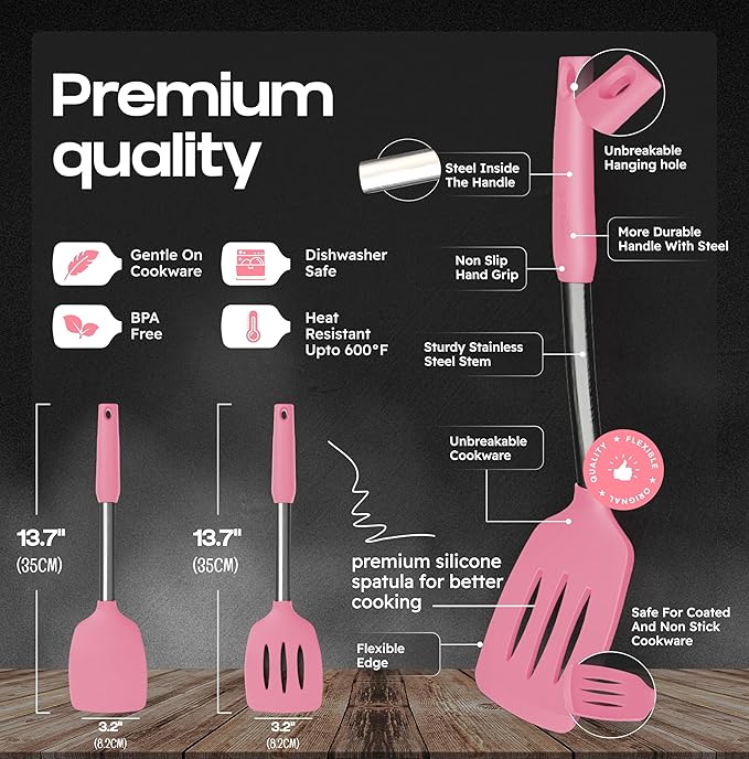 BakeRoyal Silicone Spatula Set - Turner Spatulas Silicone Heat Resistant 600°F - Slotted & Solid Spatula for Cooking Fish, Eggs, Pancakes Flipper – Spatulas for kitchen use – Pink