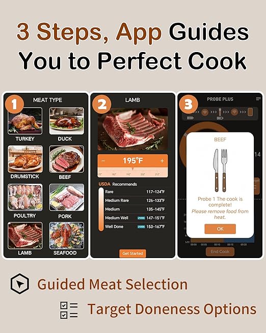 ±0.5°F Accuracy Shows Real-Time Temp Wireless Meat Thermometer: Smart 900ft Bluetooth Keeps Connection Across Wall - Meat Probe Withstands Max 572°F Heat Oven Safe Easy Setup App for BBQ Smoker Grill