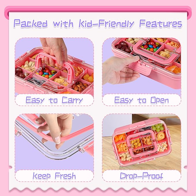 Xyptorix Snack Box Container for Kids - Adjustable 12-Compartment Snack Containers, Reusable Bento Box, Dishwasher Safe, BPA-Free, Perfect for School, Travel, Camping & Picnic, Pink
