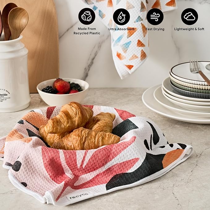 RECYCO Waffle Kitchen Towel Set of 2 - Quick Dry Microfiber Sustainable Dish Towels - Ultra Absorbent Reusable Cleaning Tea Towels - Lightweight Hand Towels,16”x 28”, Boho Oasis