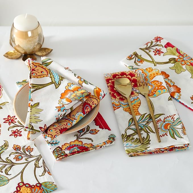 TARAN LIVING Napkins Fall Printed Cotton Cloth Napkin Reusable Boho Dinner Napkin Set Washable Dish Napkin for Gifts, Home Decor, Hotel, New Year Party - Kaveri - Set of 6, 20x20 Inches