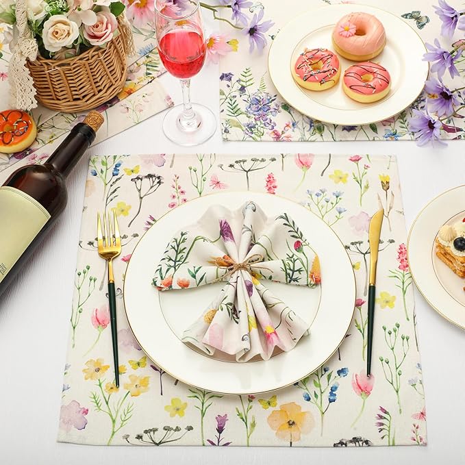 VitalCozy Cloth Napkins-15 x 15 Inch Soft Fabric Napkins Bulk Cloth Washable Reusable Plants Floral Square Napkin Cotton Dinner Towel for Spring Tea Party(Watercolor,24 Pcs)