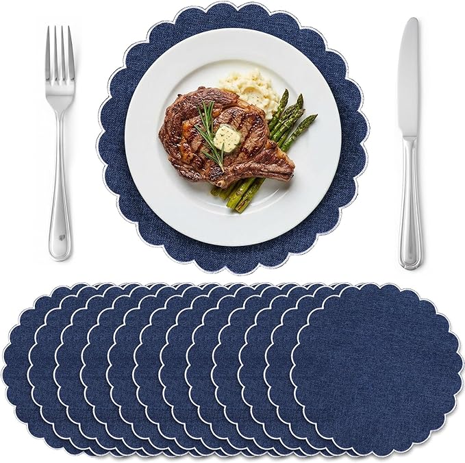 Set of 12 Navy Blue Cotton Placemats 15 Inch Round Scalloped Embroidery Placemats Washable Double Layered Rustic Table Mat Fabric Napkins for Wedding Table Decor