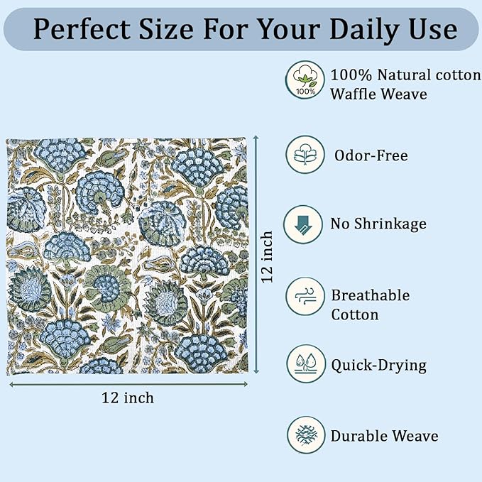 Ridhi Asparagus Green Hand Block Print Cotton Waffle Dish Cloth Set of 6-12x12 Inch Super Absorbent, Soft, Reusable Kitchen Towels for Dish Drying Cleaning, Ideal for Spring, Easter, Valentine