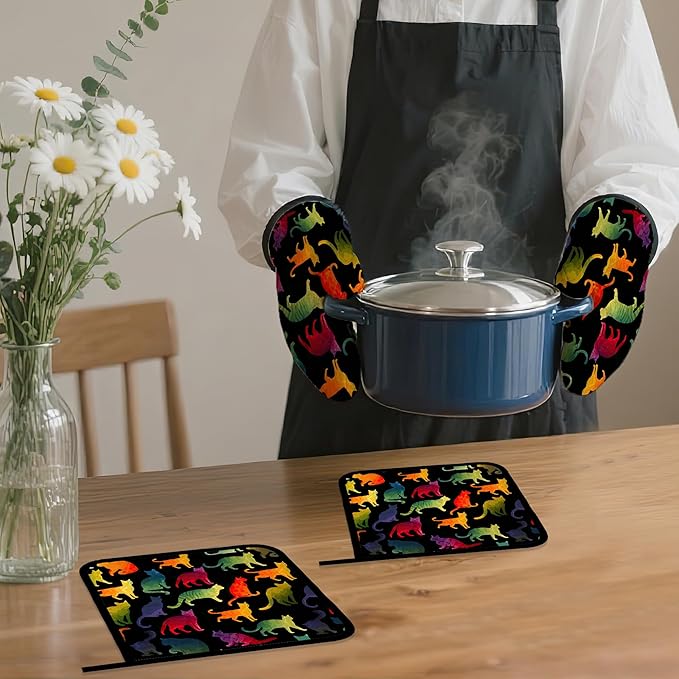 Funny Colorful Cat Oven Mitts and Pot Holders Set,Kitchen Decor Heat Resistant Non Slip Hot Pads and Oven Mitt for Chef Cooking Baking BBQ Mom Girl Gifts(4 Piece Set)