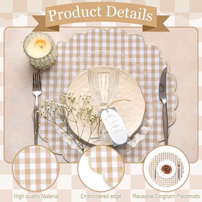 Set of 6 Round Placemats 15 Inch Cotton Scalloped Embroidery Placemat Washable Double Layered Rustic Dinner Table Mat Decor Fabric for Hotel Restaurant Kitchen(Khaki,Plaid)