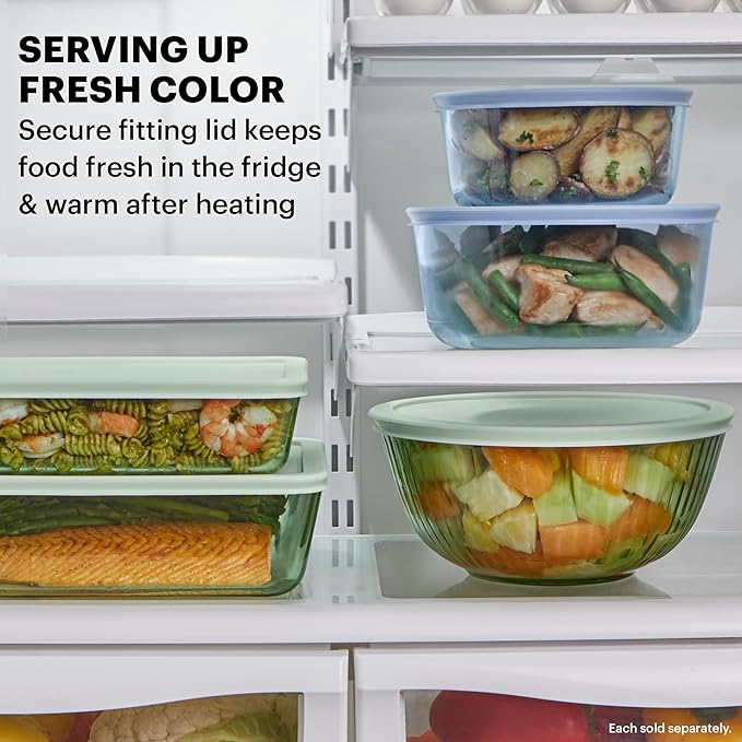 Pyrex Colors (2-Pack) Sculpted Tinted Medium/Large Glass Mixing Bowls With Plastic Lids, Nesting Space Saving Set of Bowls For Prepping and Baking, 2.3QT & 4.5QT