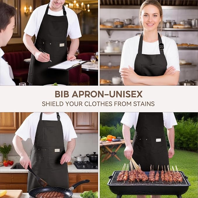 Kitchen Apron, Chef Aprons for Men Women with 5 Pockets Pen Holder, Adjustable Bib BBQ Work Apron for Cooking Baking