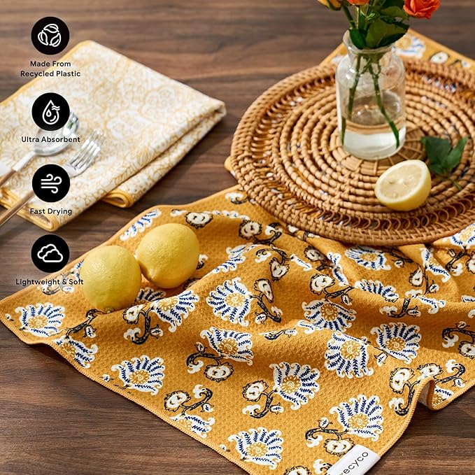 RECYCO Waffle Kitchen Towel Set of 2 - Quick Dry Microfiber Sustainable Dish Towels - Ultra Absorbent Reusable Cleaning Tea Towels - Lightweight Hand Towels,16”x 28”, Marigold Mosaic