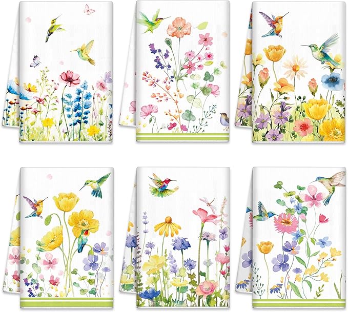 Oudaoudain Sets of 6 Spring Kitchen Towels Decor Floral Wildflower Hummingbirds Branches Dish Hand Tea Towels for Spring Party Holiday Supply Bathroom Housewarming Gift