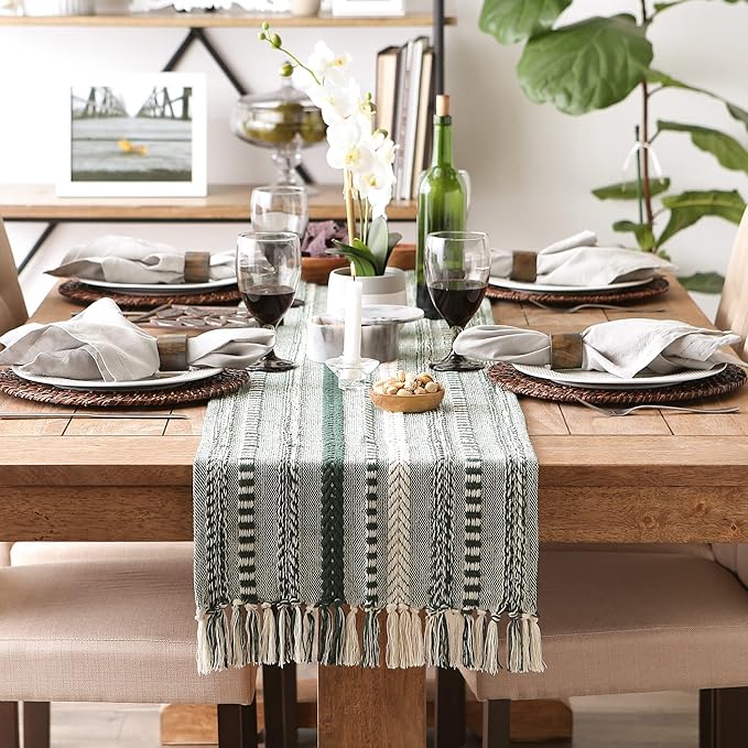DII Farmhouse Braided Stripe Table Runner Collection, 15x72 (15x77, Fringe Included), Dark Green