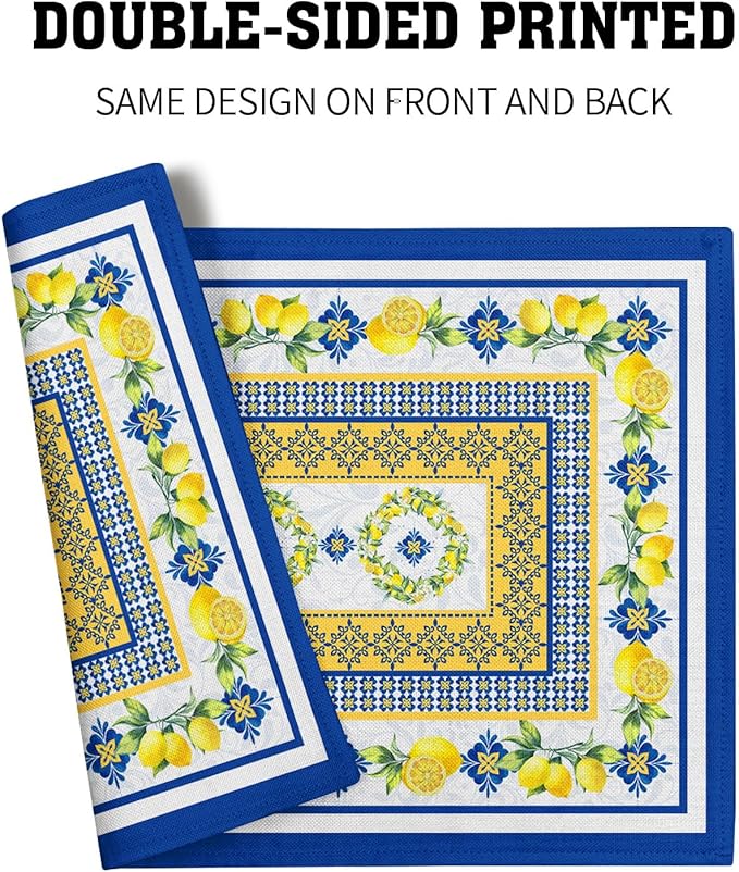 Lemon Summer Table Placemats for Dining 12 x 18 Inch Set of 4，Blue Yellow Boho Heat-Resistant Washable Table Non-Slip Rectangle Place Mat for Seasonal Party Kitchen Dining Table Decor