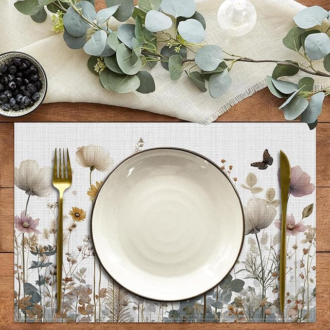 Wildflowers Herbs Placemats Set of 6,12 x 18 Inch Table Mats Washable Heat Resistant Linen Fabric Rectangle Place Mat for Party Home Kitchen Dining