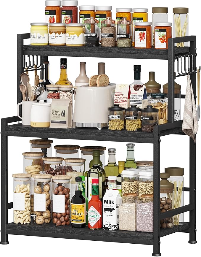 23.6"W Large Kitchen Countertop Organizer, 3 Tier Spice Rack Organizer with Adjustable Shelf and 10 Hooks, Wooden Counter Organizer, Countertop Shelf Microwave Stand for Kitchen, Coffee Bar, Black