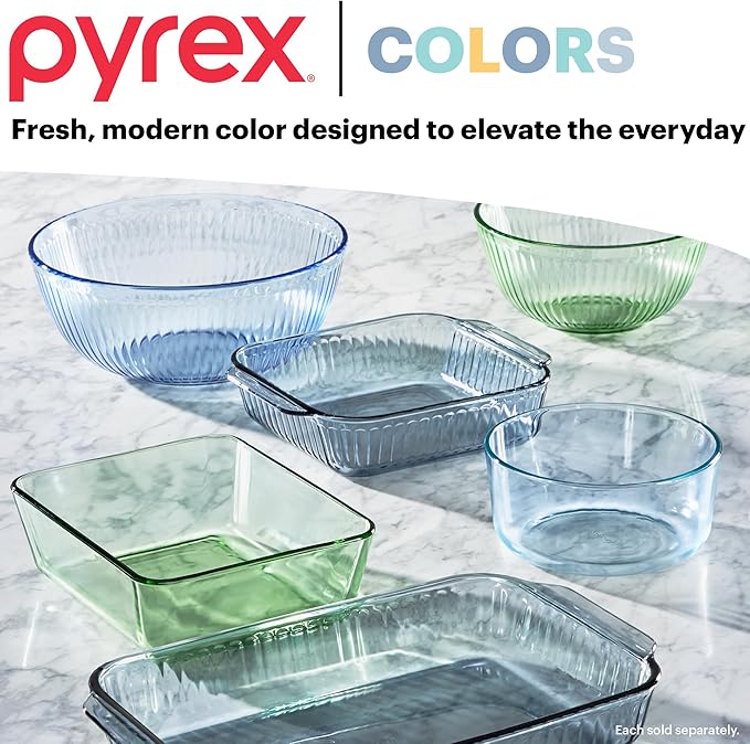 Pyrex Colors (2-Pack) Sculpted Tinted Medium/Large Glass Mixing Bowls With Plastic Lids, Nesting Space Saving Set of Bowls For Prepping and Baking, 2.3QT & 4.5QT